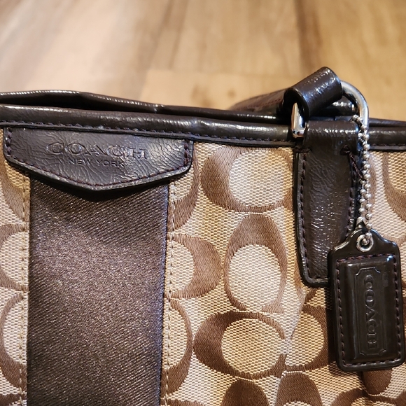 Coach Brown Signature Stripe Drawstring Carryall with Dark Brown Trim - Picture 2 of 10